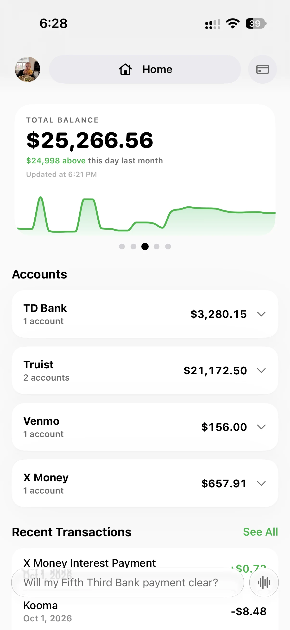 Vero home screen: total balance, accounts, and recent transactions